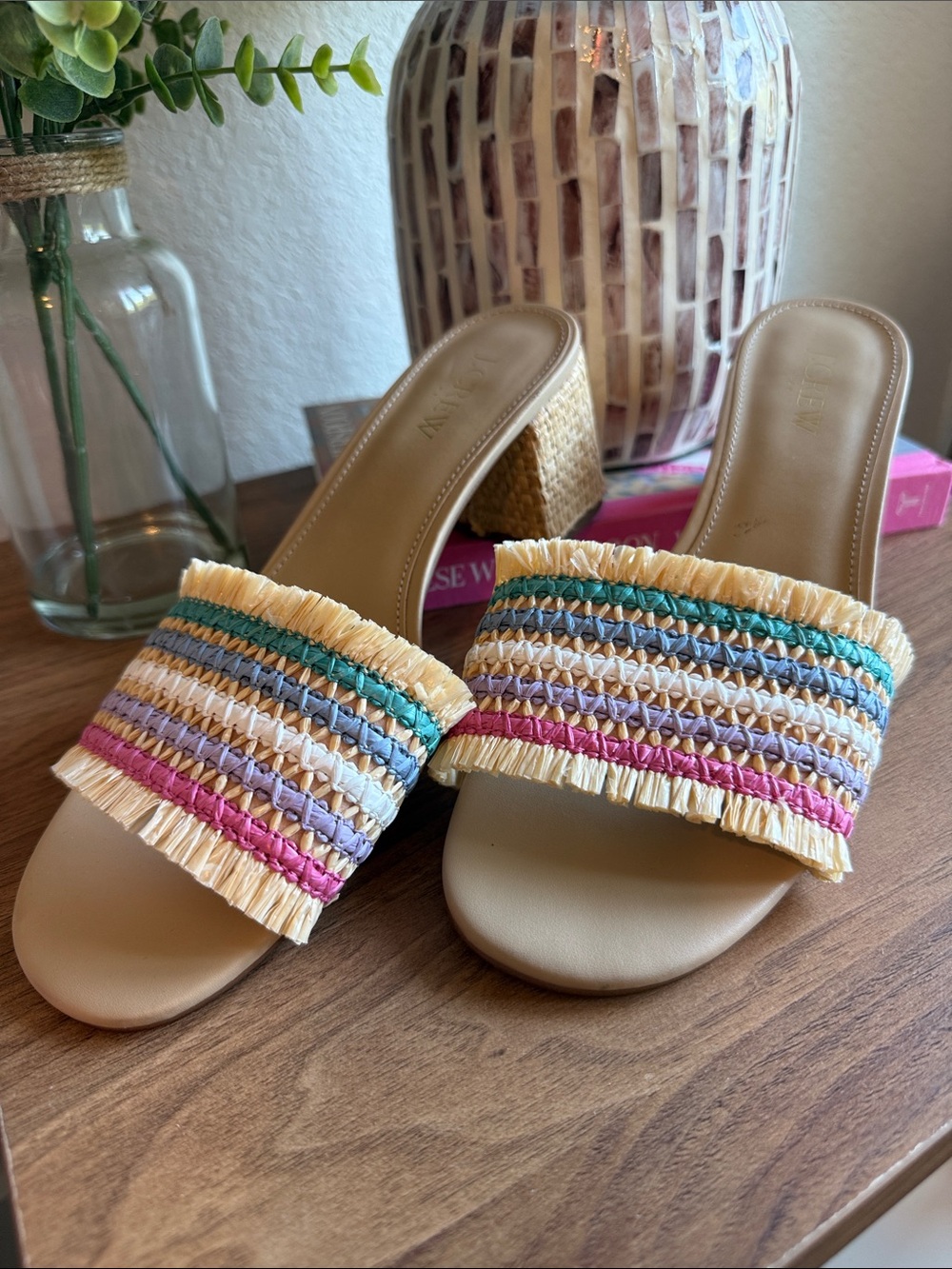 J. Crew Raffia Woven Slide Mules in Beige with Multicolor Stripes